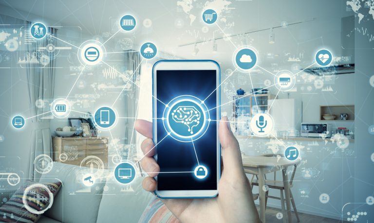 Apartment shopping, Apartment Mystery Shops, Apartment renters Journey A hand holds a smartphone displaying a brain icon connected to various digital symbols, highlighting the integration of smart home technology in modern apartments. Multifamily Journey Lens CX for the Apartment Industry